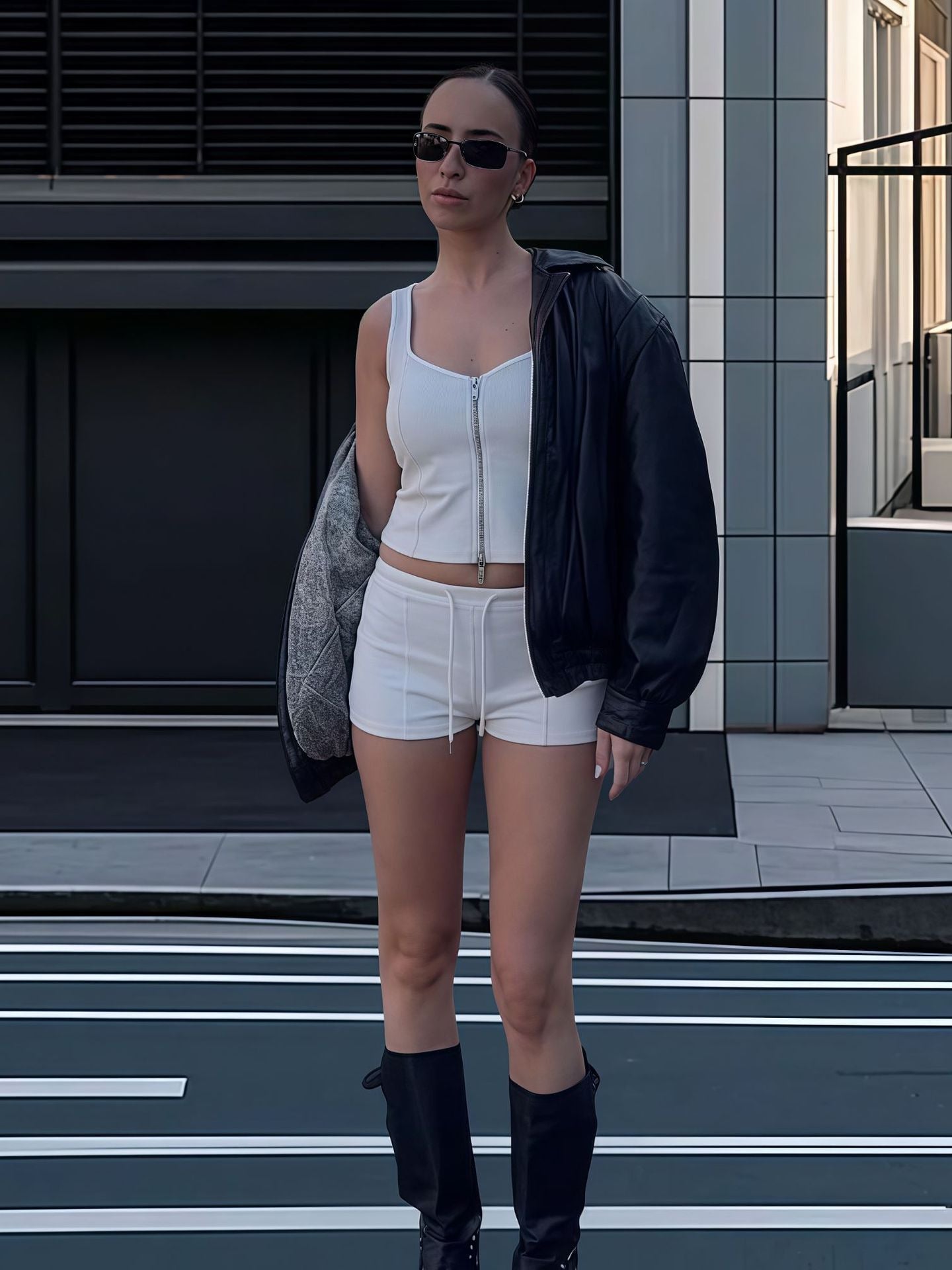 Women zippered vest top with drawstring and shorts two-piece set 9