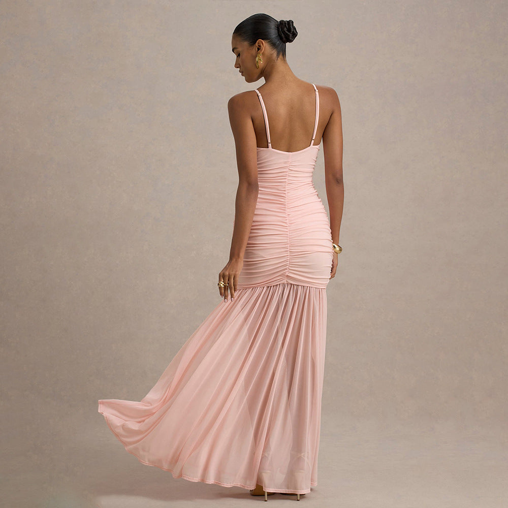 Women Sexy and Elegant Ruffled See-Through Solid Backless V-Neck Strap Dress 4