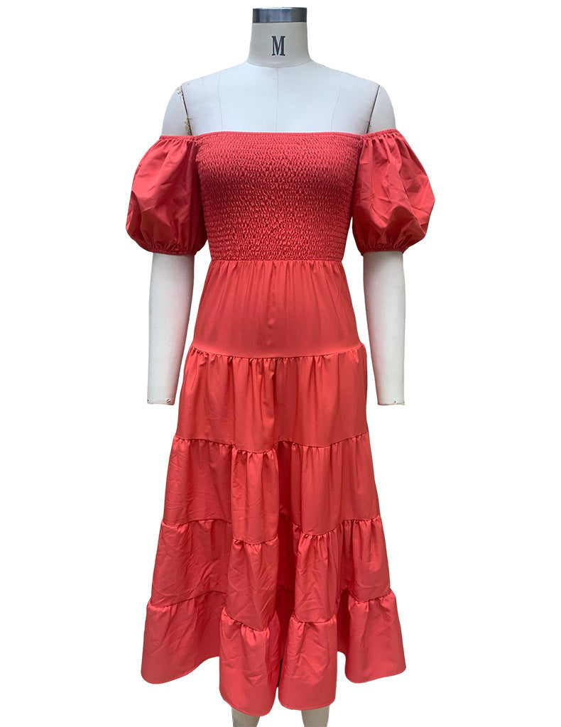 Summer Women's Fashion Loose Off Shoulder Puff Sleeve A-Line Midi Dress 19
