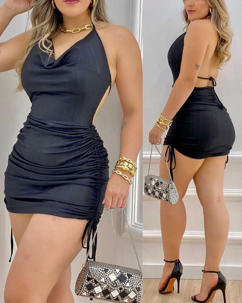 Women's Black Halter Backless Pleated Mini Dress