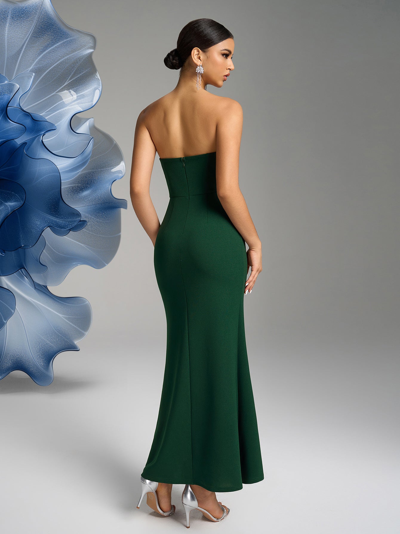 Women V-neck sleeveless Strapless sequins slit Chic dinner dress 3