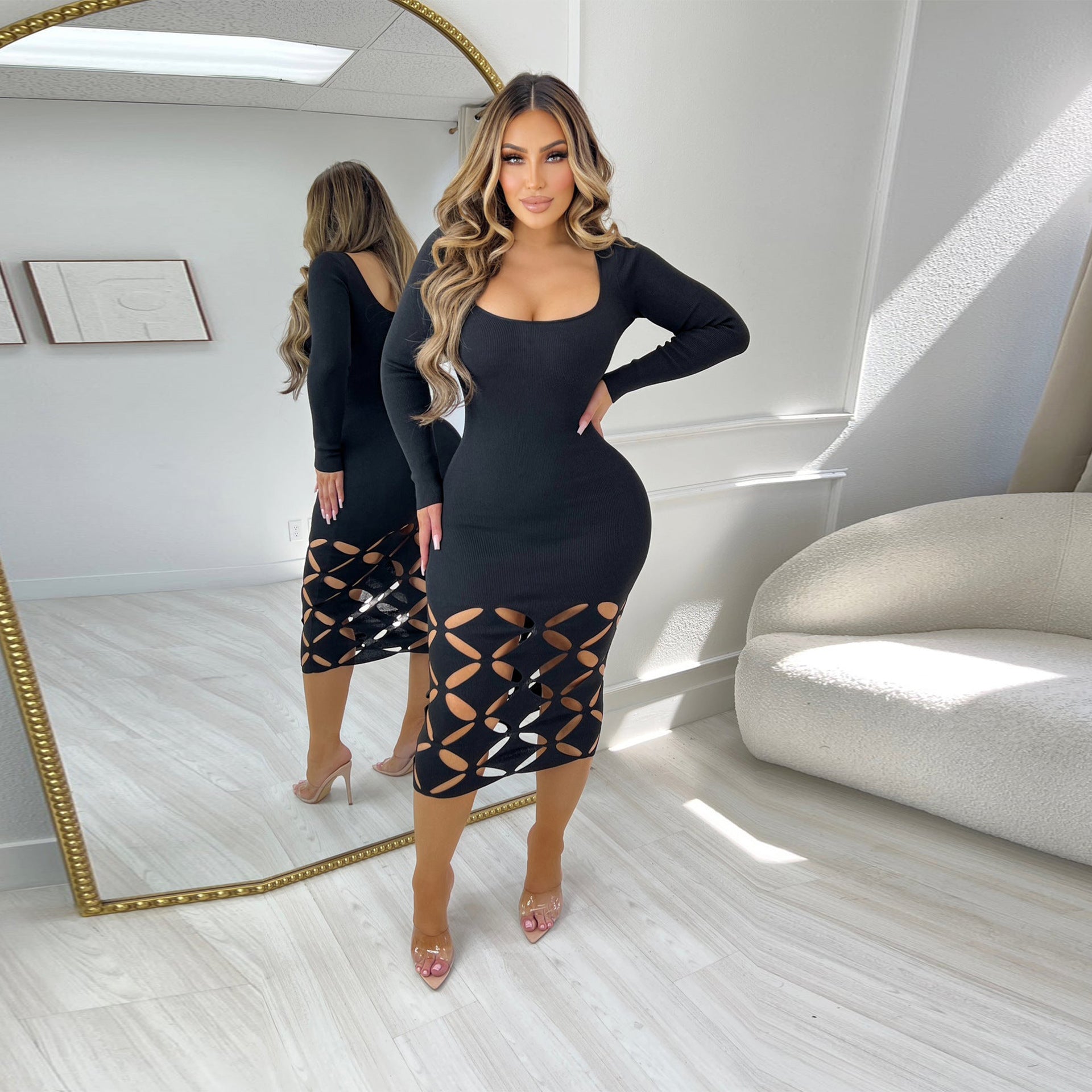 Sexy Stretch Cutout Tight Fitting Long Sleeve Bodycon Dress