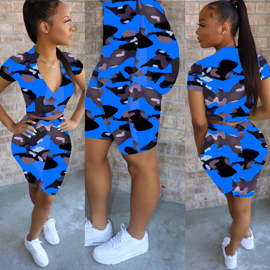 Women's Sexy Camouflage Short Sleeve Zipper High Waist Two-Piece Set 4
