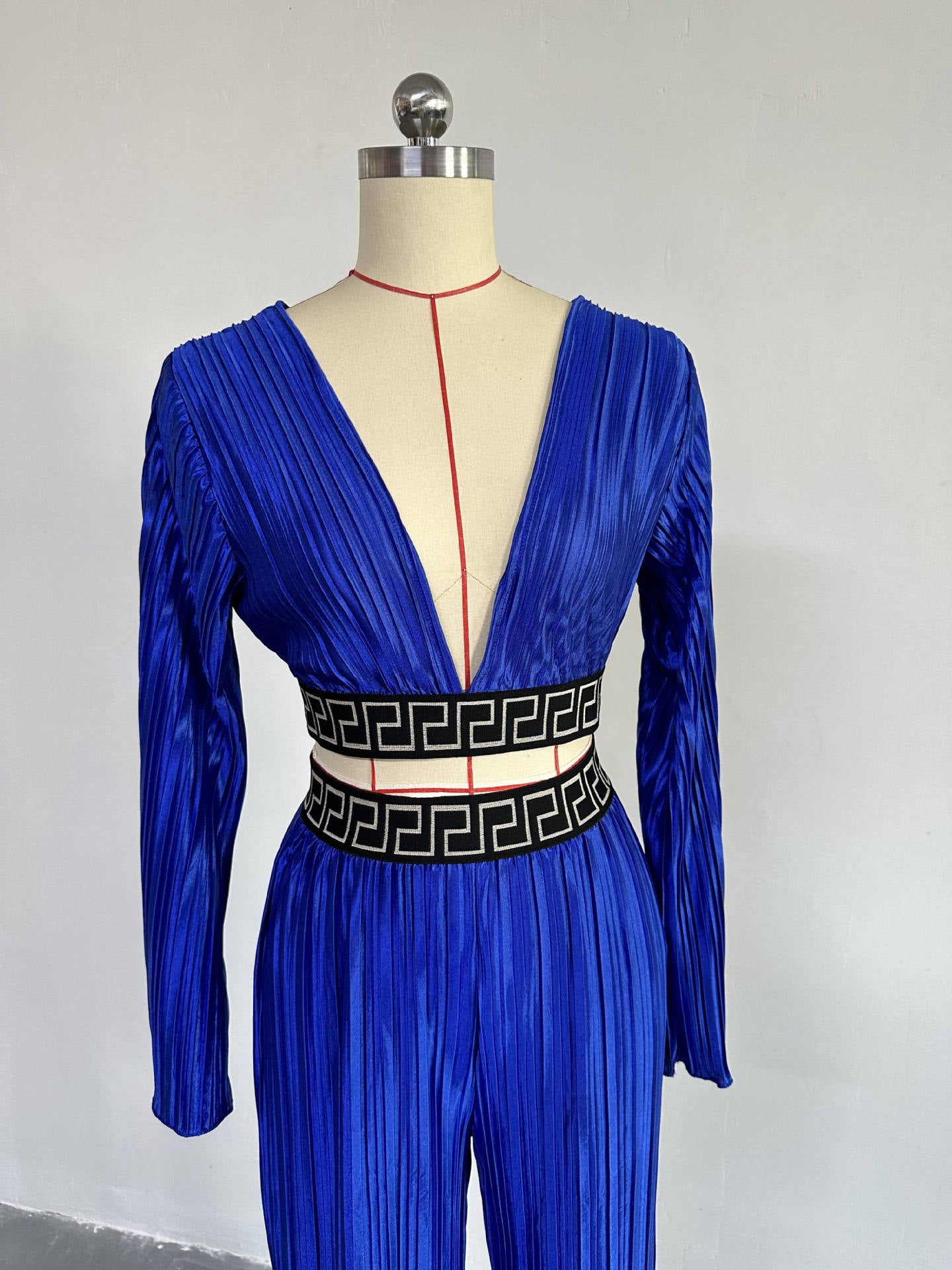 Women's Sweet Pleated V-Neck Bell Bottom Sleeve Shirt Wide Leg Pants Casual Suit 9