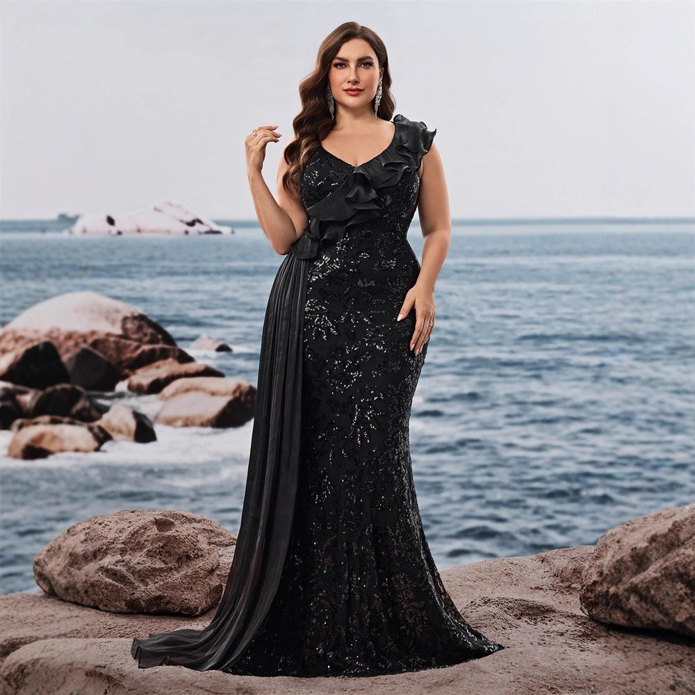 Plus Size Women's Elegant Sequin Patchwork V-Neck Ruffle Sleeve Evening Dress Mother of the Bride Gown 7