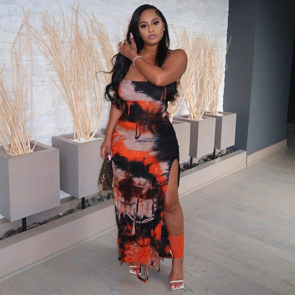 Women summer sleeveless backless split tie-dye dress 7