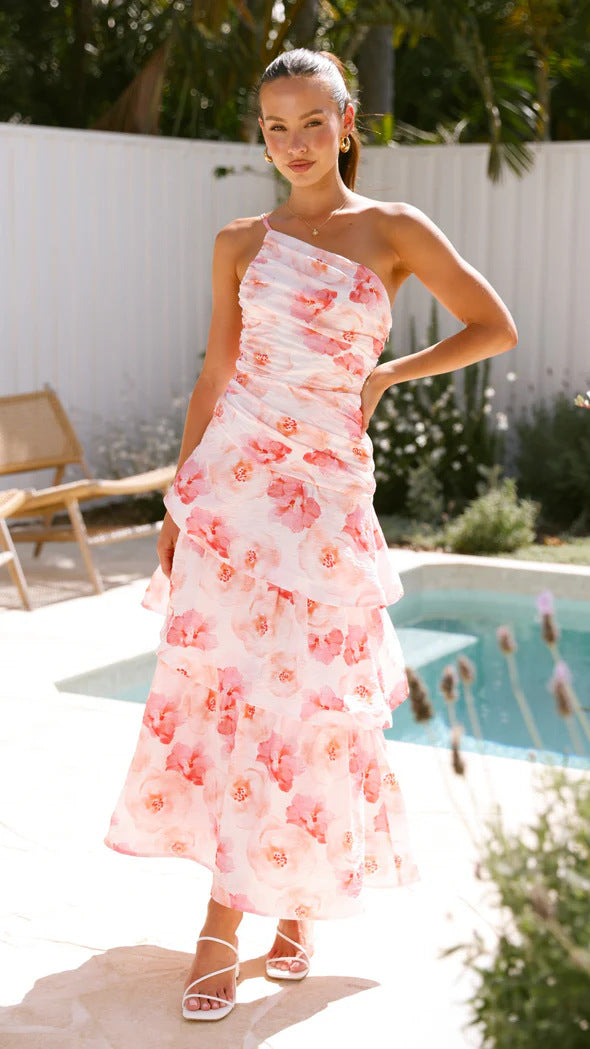 Women Summer One-shoulder strap print dress