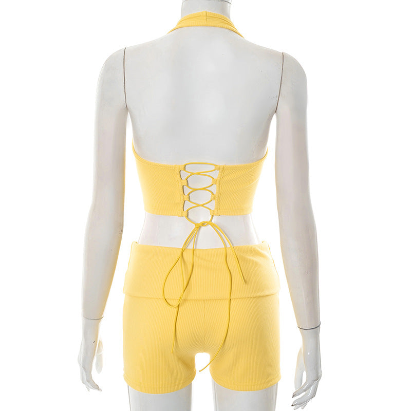 Women's Spring and Summer Ribbed Halter Neck Hollow Lace-up Vest Folded High Waist Short Set 10