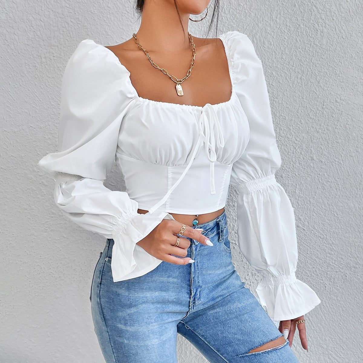 Spring-Summer Women's White Long-Sleeve Chest-Tie Low-Back Sexy Crop Top 6
