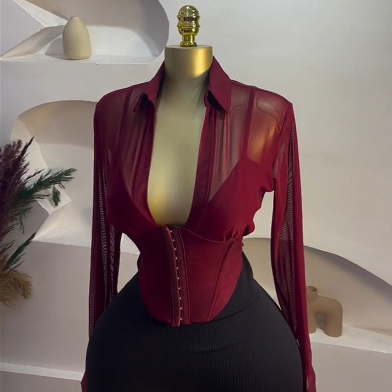 Summer Chic Turn-Down Collar Slim Waist Mesh Patchwork Long-Sleeve Shirt 4