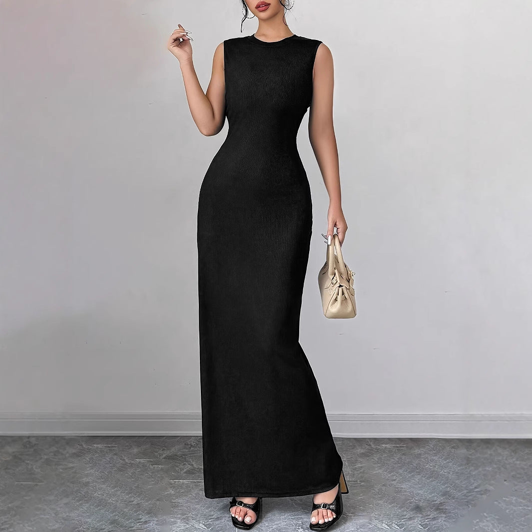 Women Summer Round Neck Solid Ribbed Dress