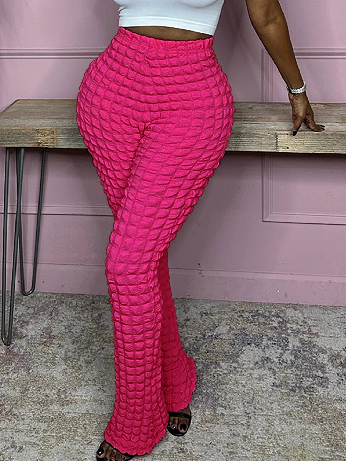 Women's Casual Bubble Fabric Elastic Waist Tight-Fitting Pants 4