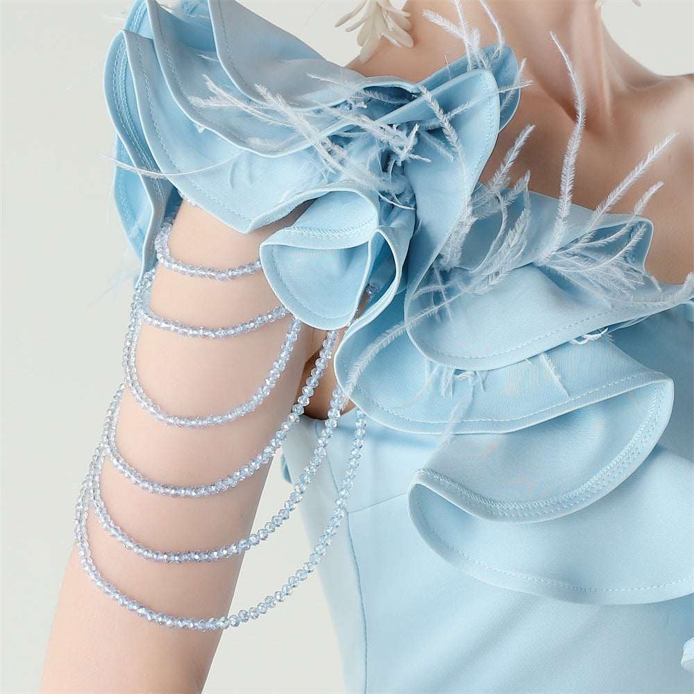 Women One-Shoulder Beaded Wool and Floral Satin Slit Sexy Evening Dress 51