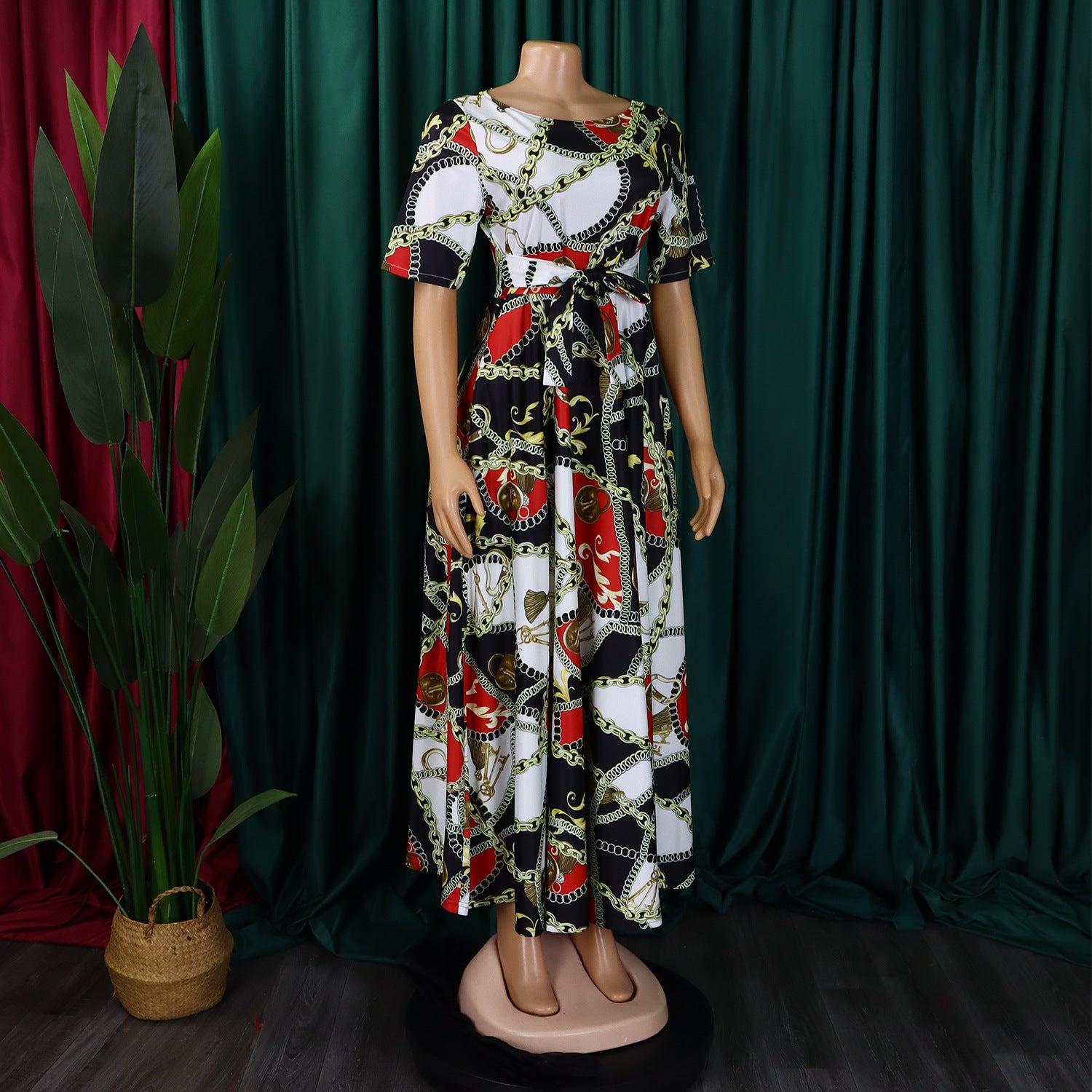 Women's Fashion Chic Tie-Waist African Plus Size Short Sleeve A-Line Dress 41