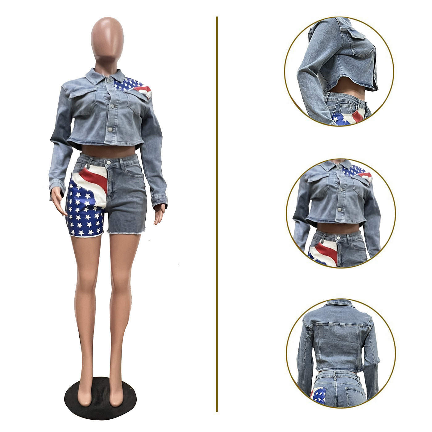 Casual Flag Print Denim Two Piece Shorts Set 9