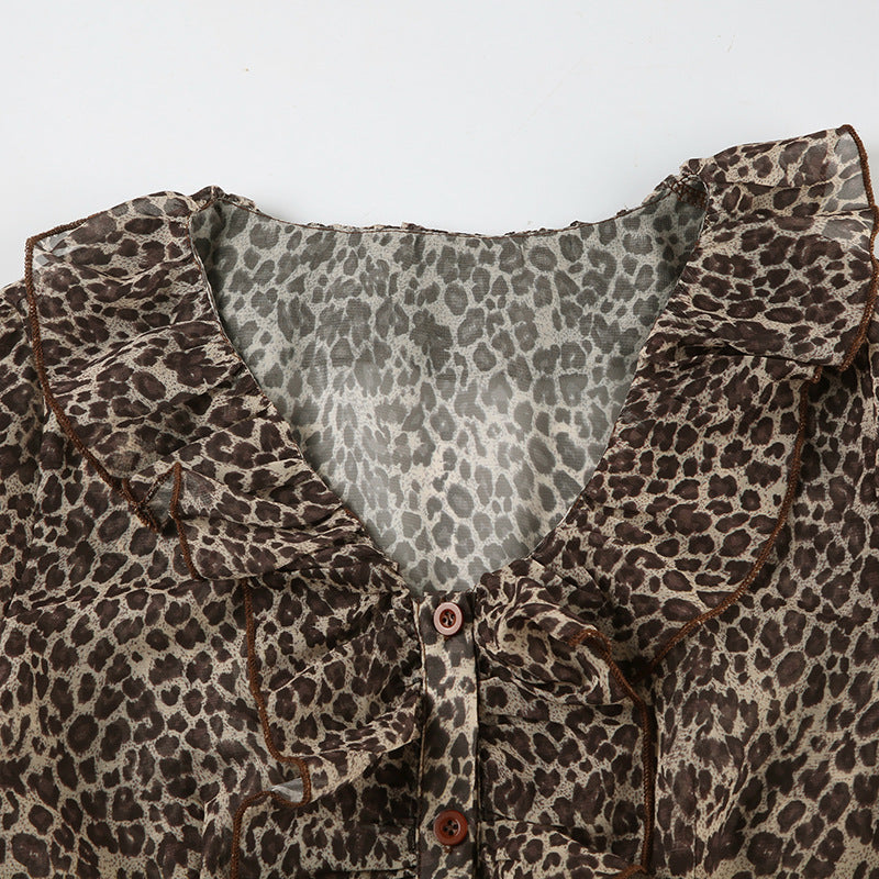 Women Sexy Ruffle Edge V Neck Animal Print Bell Bottom Sleeve Top 10