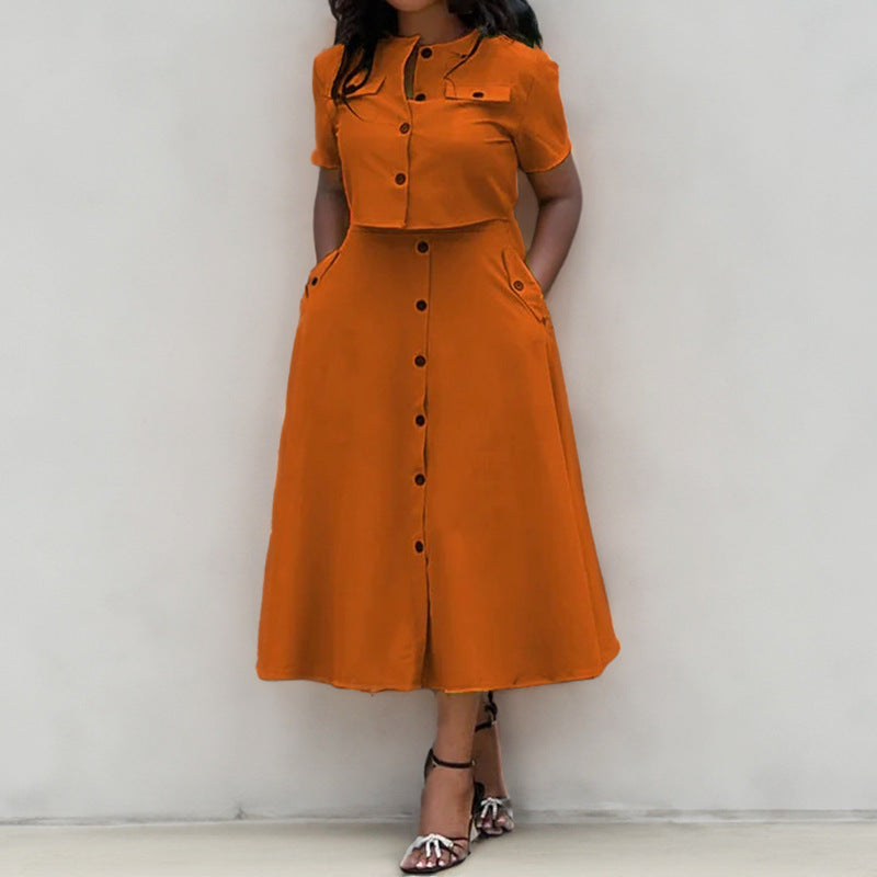 Elegant Solid Short Sleeve Spring Casual Two Piece Skirt Set 5