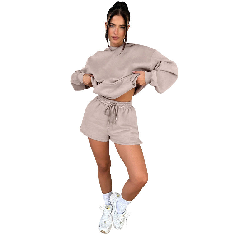 WomenSolid Long Sleeve Hoodies and Casual Shorts Two-Piece Set 6