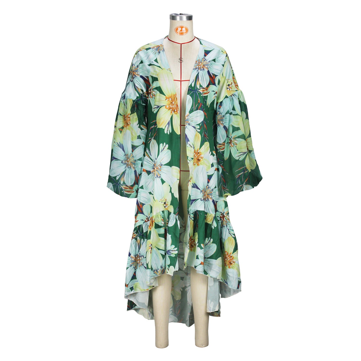 Casual Spring and Autumn Women's Lantern Sleeve Irregular Long Printed Coat 8