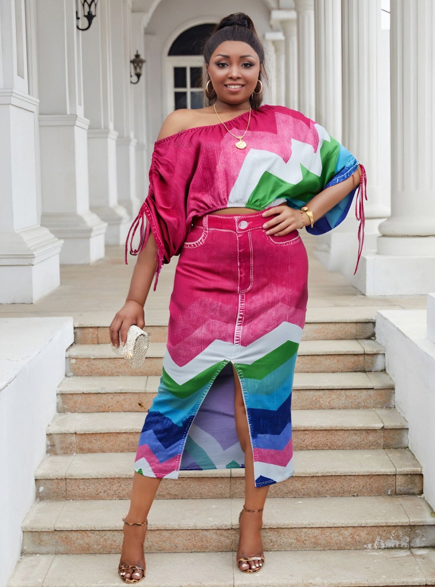 Plus Size Off Shoulder Printed Bat Sleeves Top Split Long Skirt Two Piece Set 5