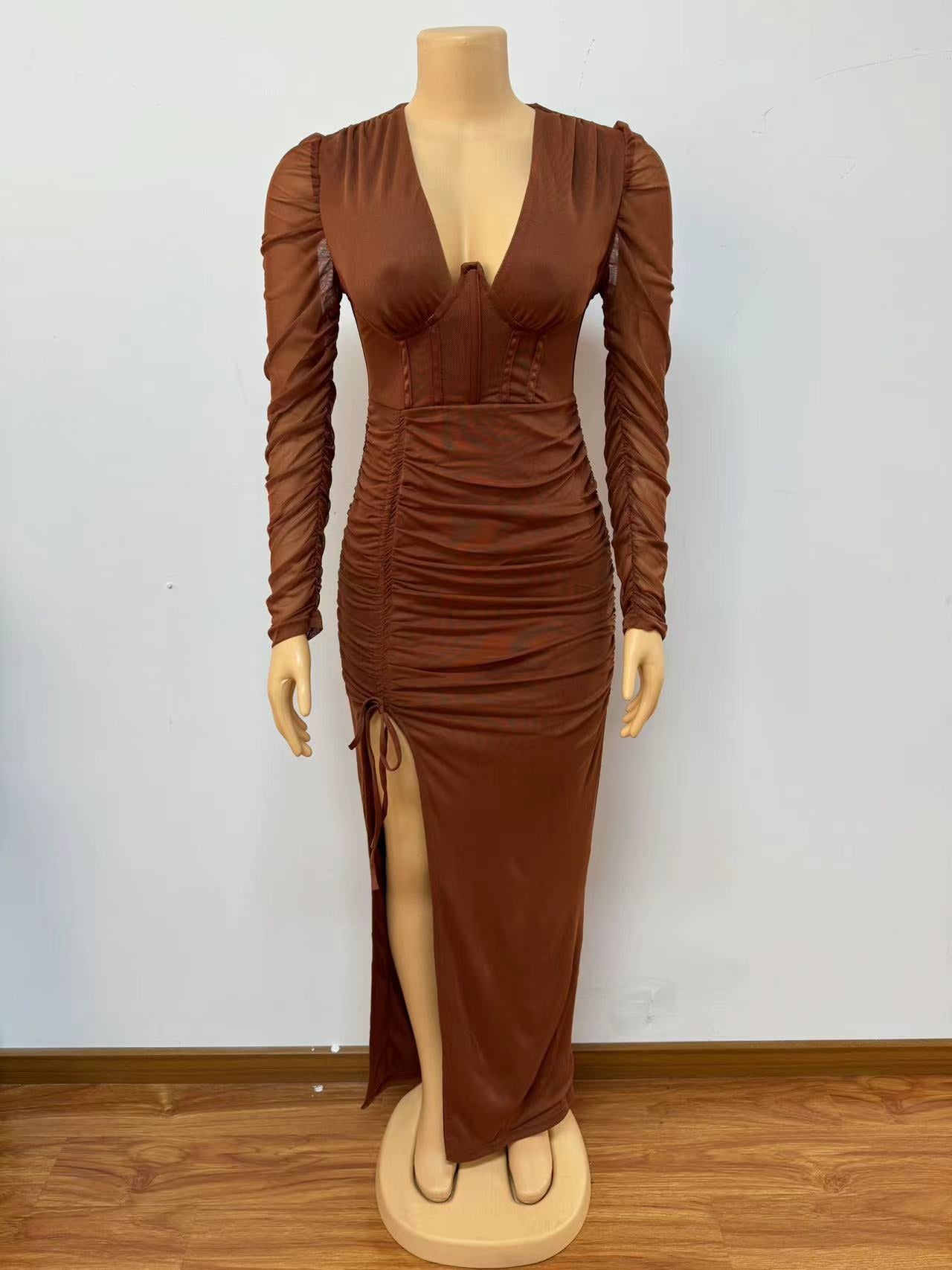 Women V Neck Long Sleeve Bodycon Sexy Slit Dress 6