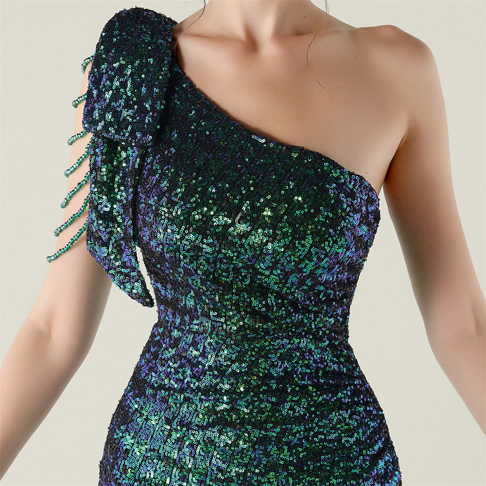 Plus Size Women clothing one-shoulder nail flower beaded evening dress 27