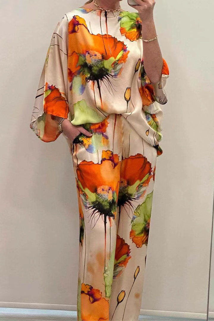 Summer And Autumn Elegant Loose Print Bat Sleeves Top Wide Leg Pants Two Piece Set 3