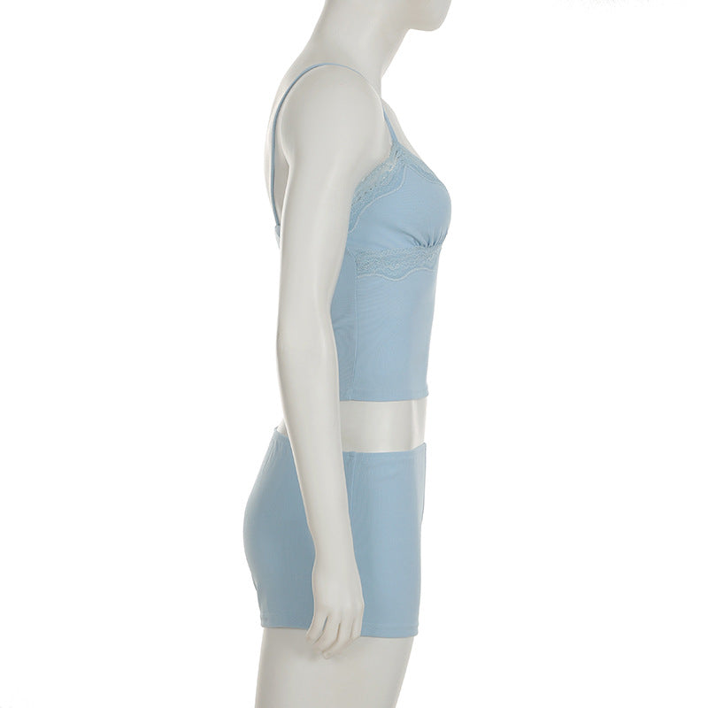 Women Sexy Casual Homewear V-neck Lace Suspender Top Slit Shorts Two-piece Set 7