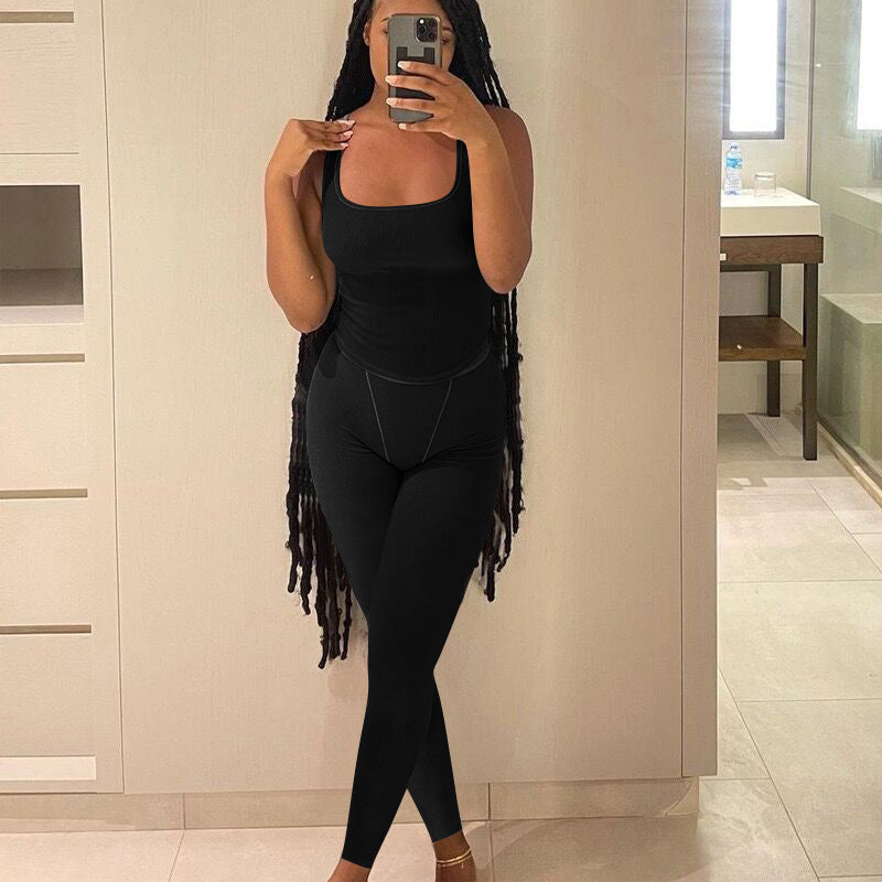 Women's Fashion Ribbed Solid Color Vest Tight Fitting Pants Two-Piece Set