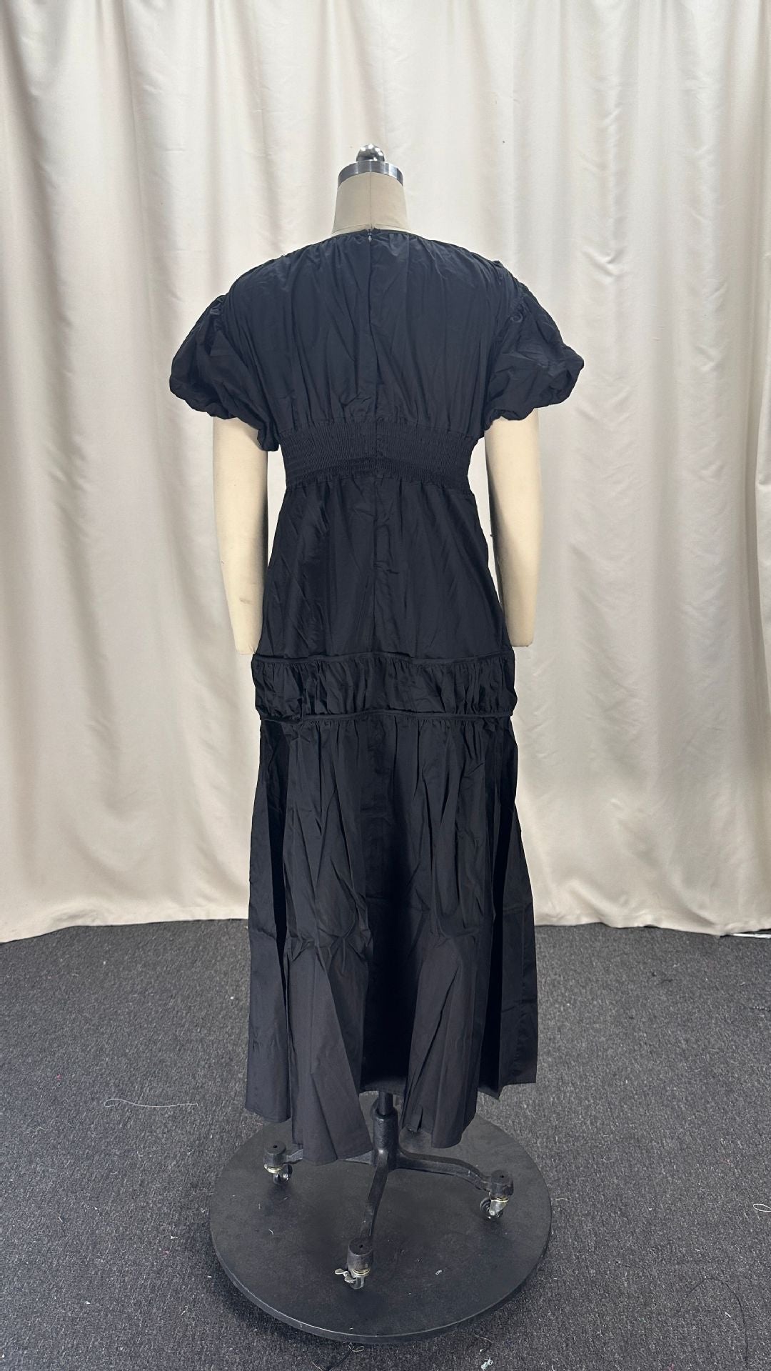 Women Spring V-Neck Zipper Puff Sleeve Hollow Maxi Dress 12