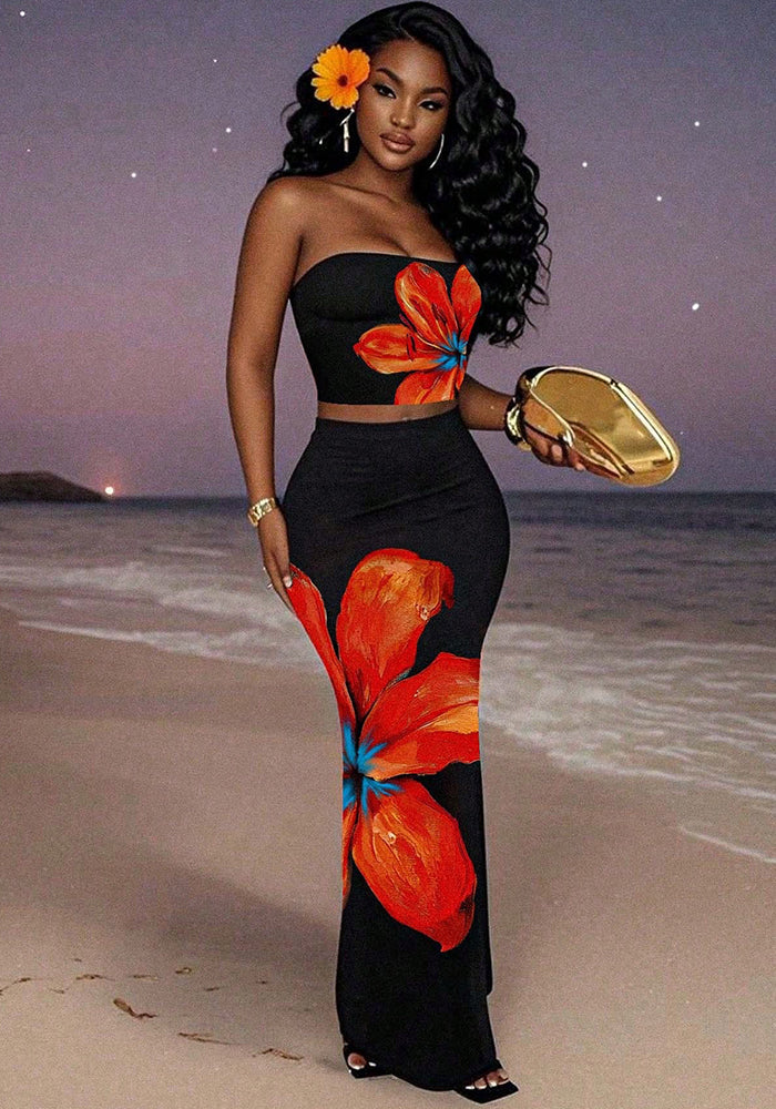 Women Casual Floral Print Sexy Strapless Top and Skirt Two-Piece Set