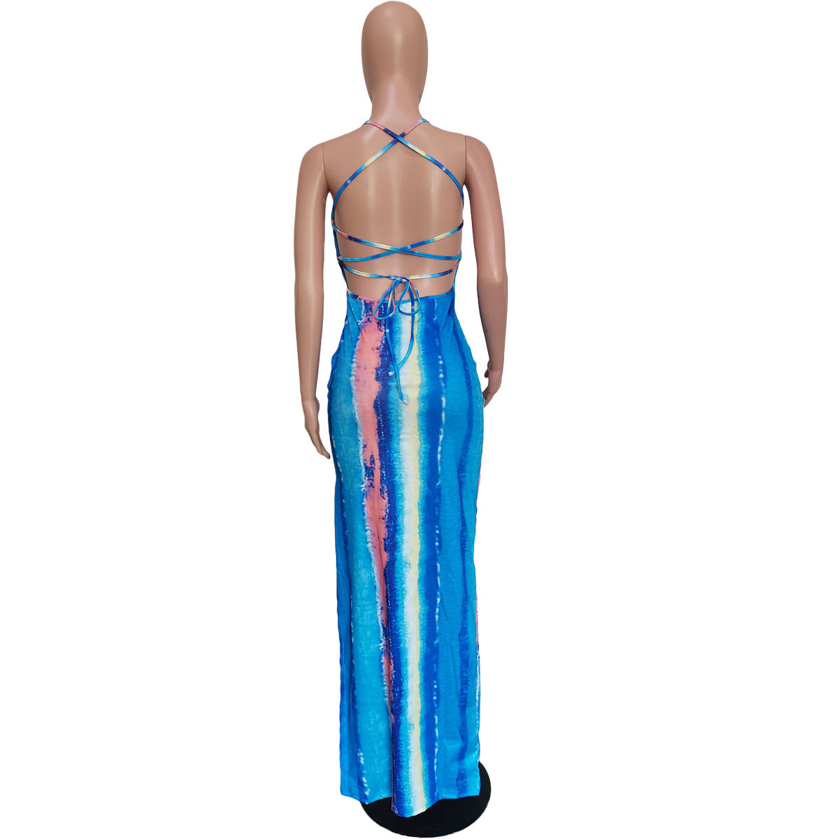 Women's Tie Dye Print Sling Low Back Slit Dress 24