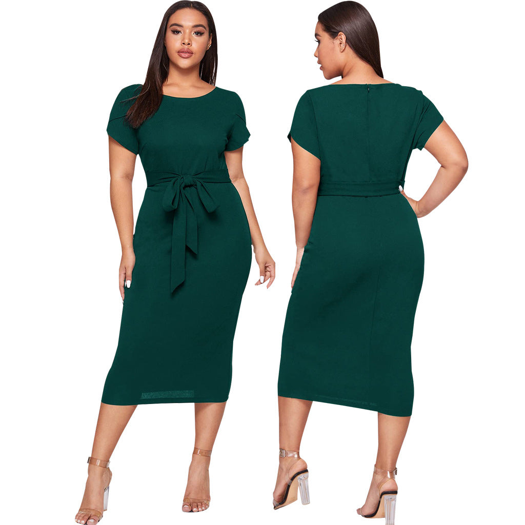 Women Round Neck Belted Short Sleeve Midi Dress 10