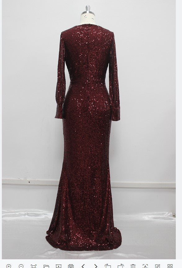 Plus Size Women Long Sleeve V-Neck Sequined Mermaid Evening Dress 17