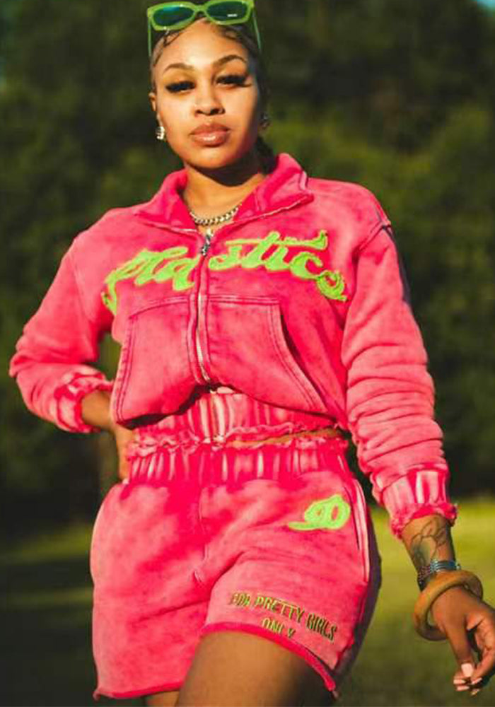 Women Letter Embroidery Long Sleeve Top and Shorts Two-Piece Set