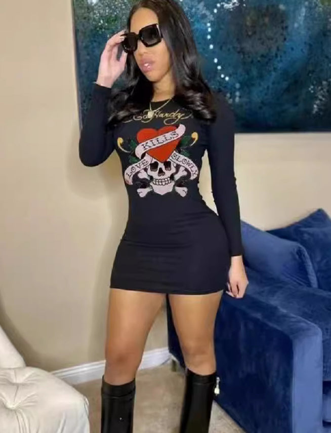 Trendy Printed Long Sleeve Slim Tight Women's Casual Dress 3