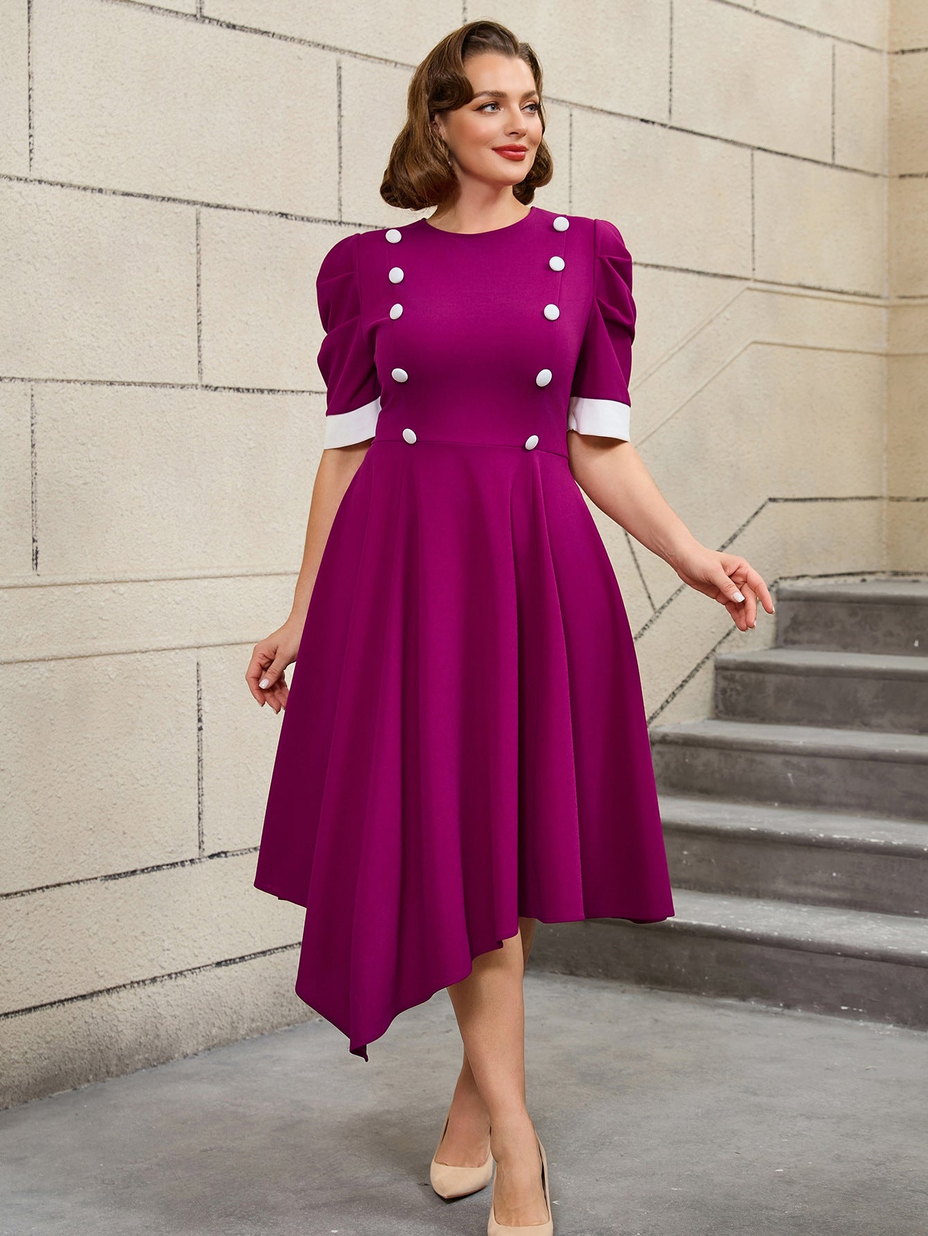 Plus Size Contrast Color Round-Neck Short-Sleeve Elegant Party Cocktail A-Line Dress 7