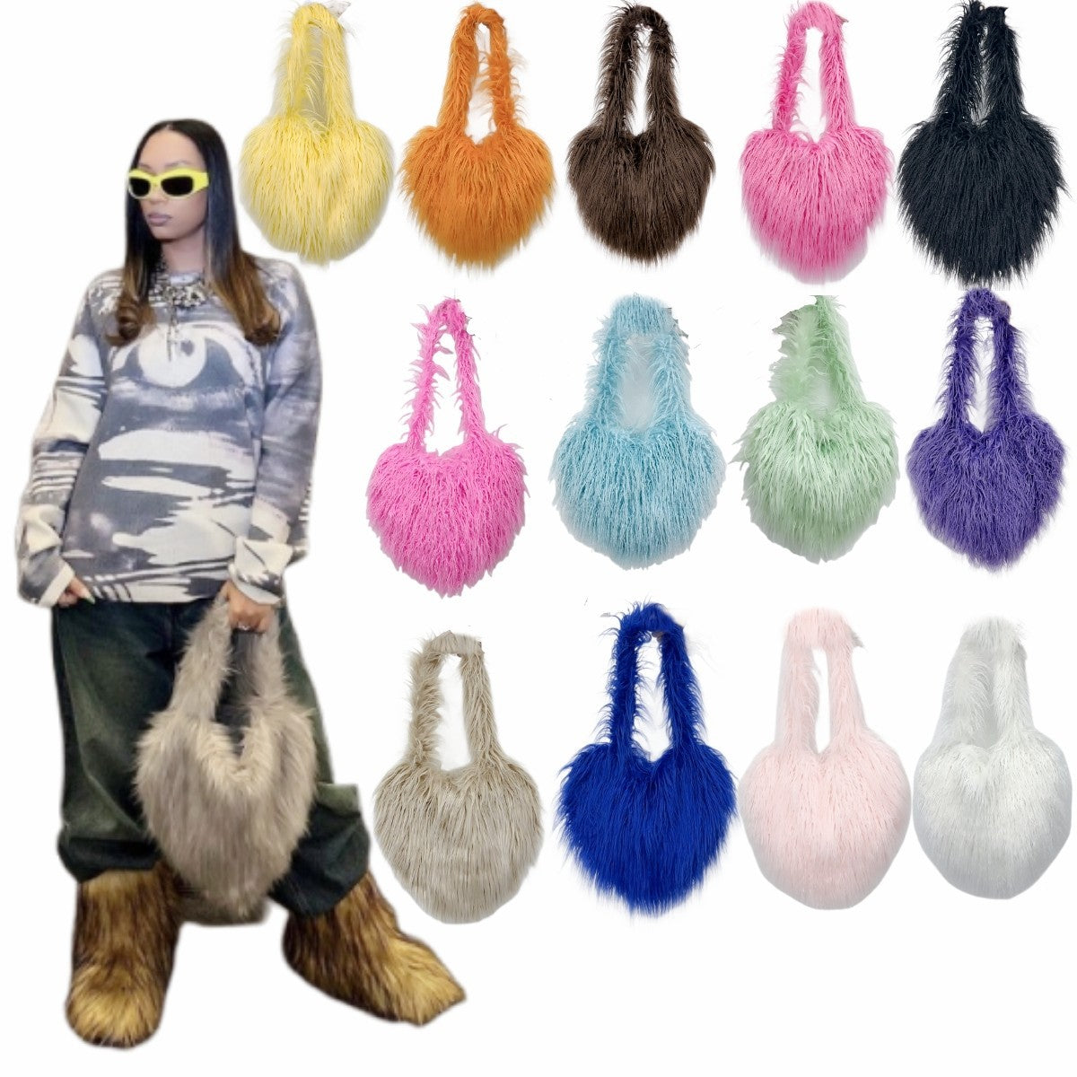Style Trendy Heart Bag Women's Fur Bag Heart-Shaped Cute Crossbody Bag Shoulder Bag 15