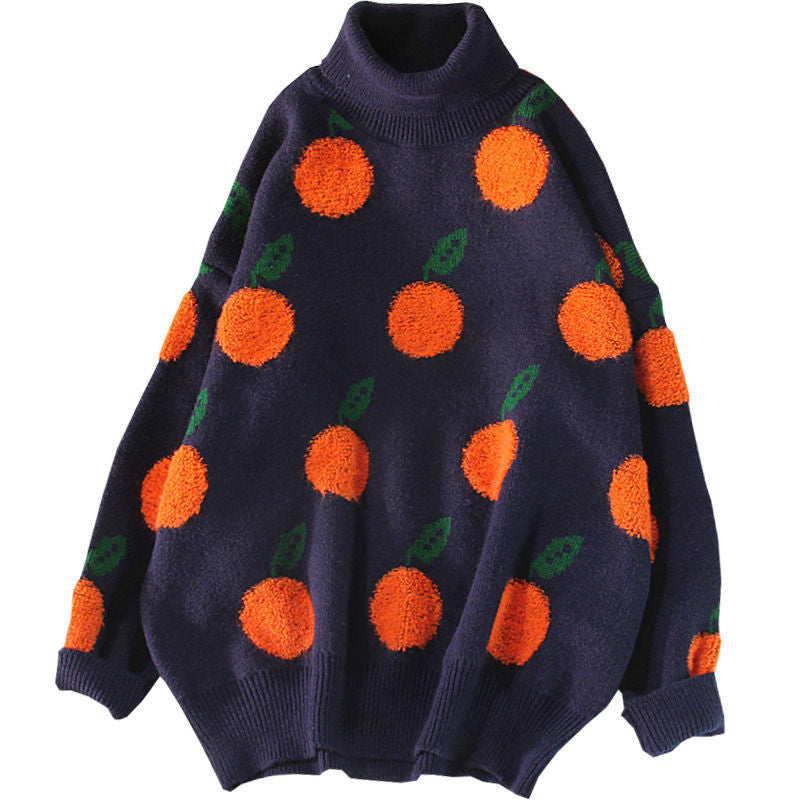 Women Fall/Winter Round Neck Sweater Fruit Jacquard Top 10