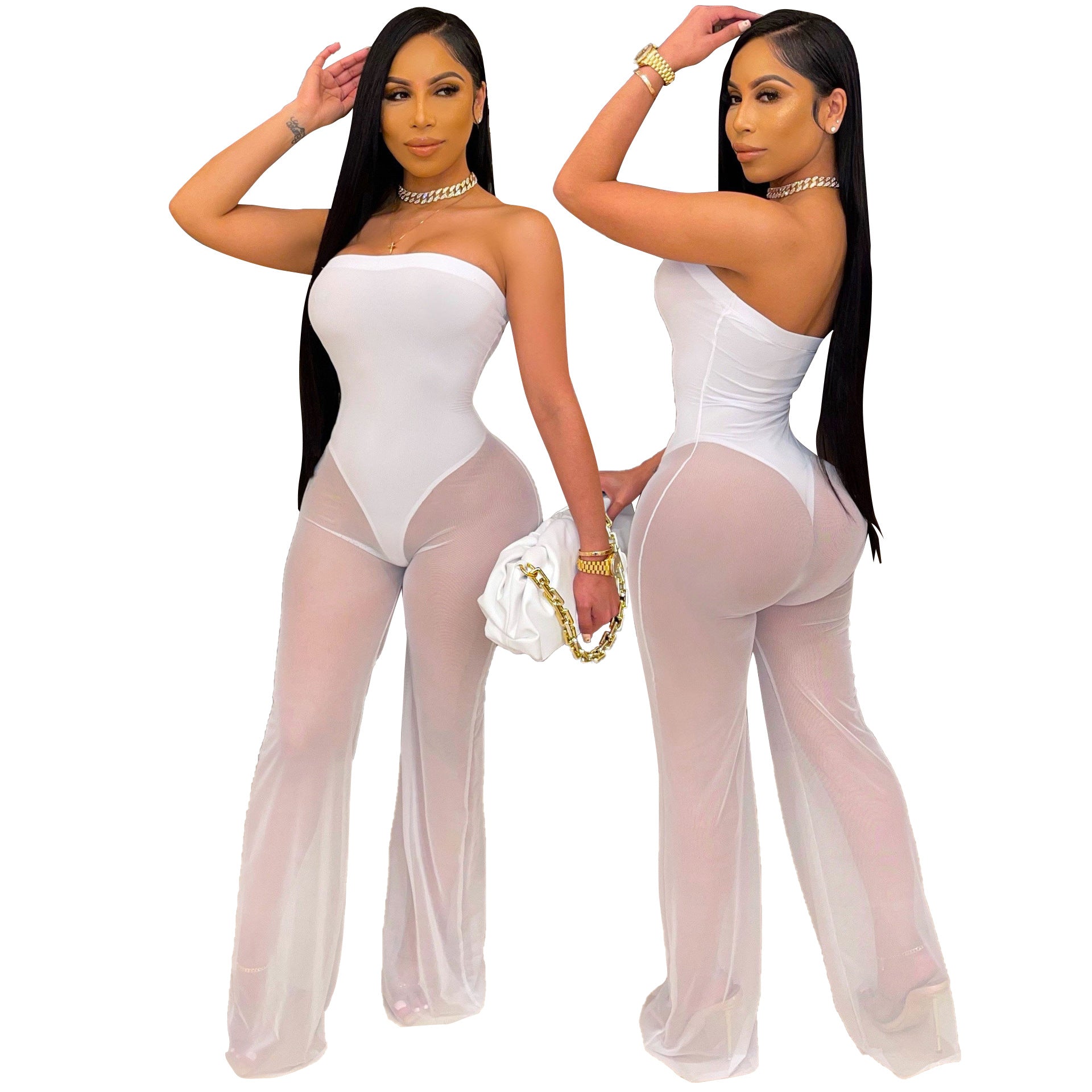 Women's Fashion Sexy Strapless Tight Fitting Wide Leg Mesh Jumpsuit 7