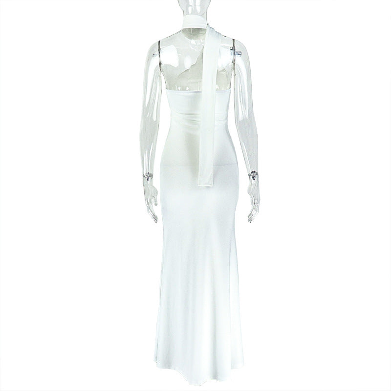 Women solid elegant pleated asymmetric stand collar sleeveless dress 8