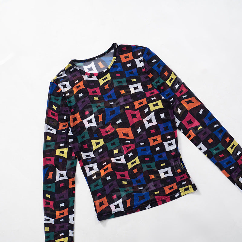 Women sexy mesh see-through print top and casual trousers two-piece set 6