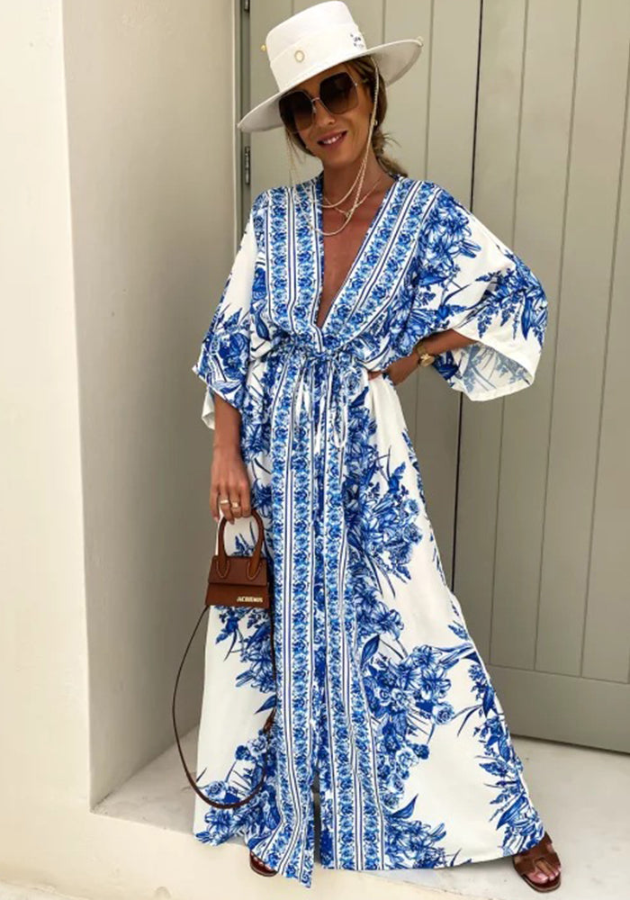 Women Spring Summer V Neck Short Sleeve Printed Dress