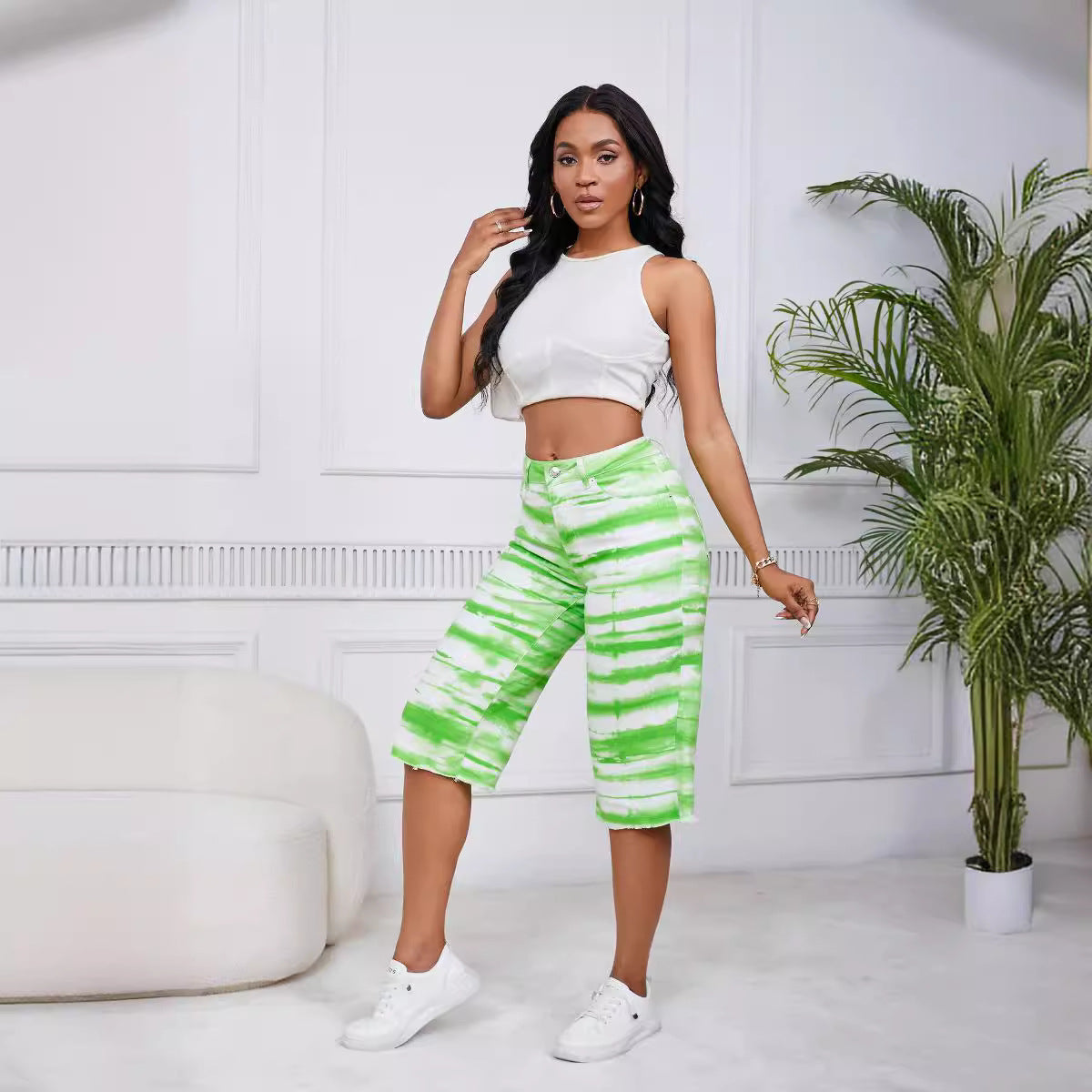 Women Tie Dye Straight Stretch Ripped Denim Cropped Pants Straight Leg Pants 6