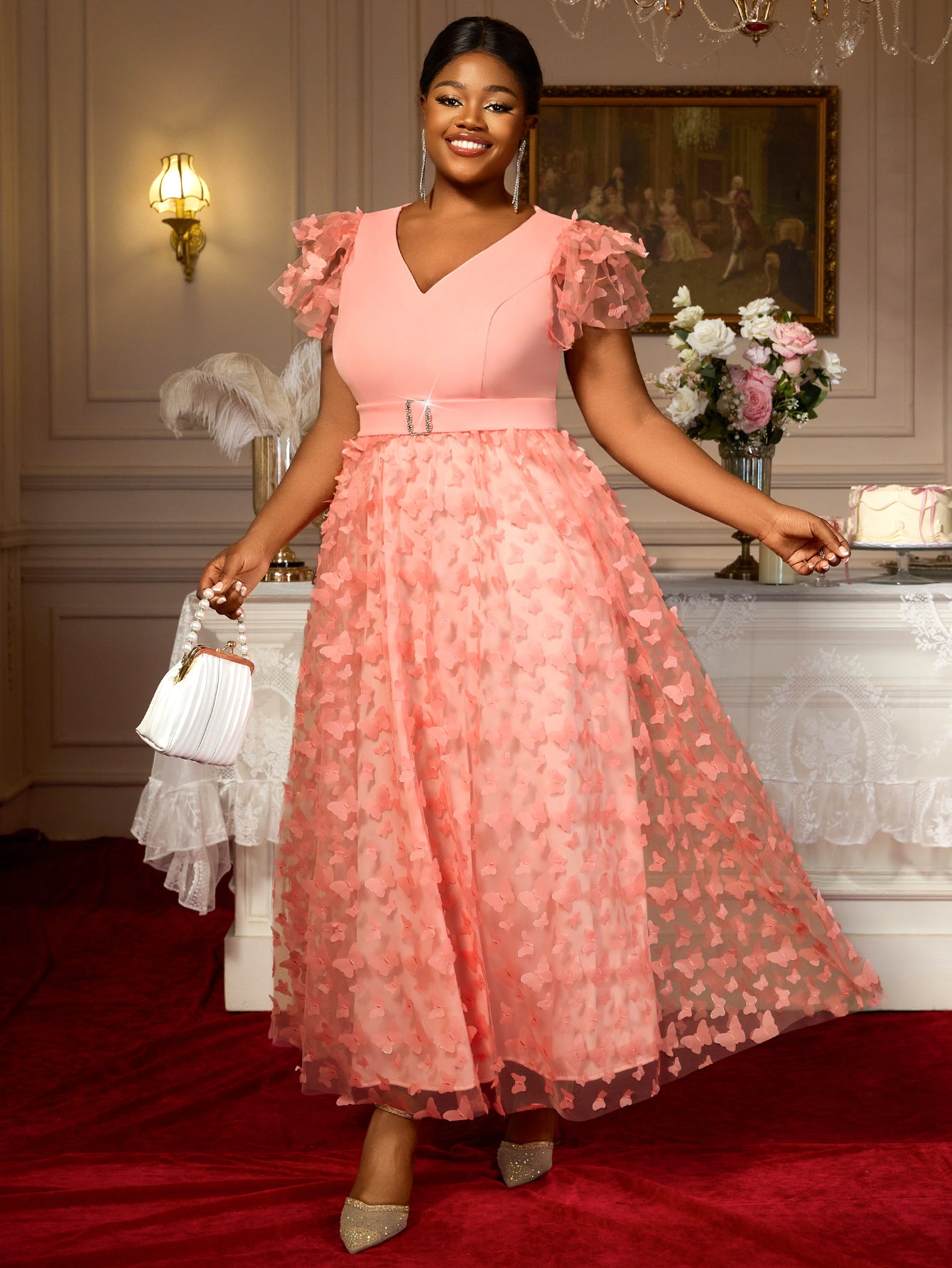 Plus-Size Women V-Neck Ruffle Sleeve Butterfly Formal Party Dress 5