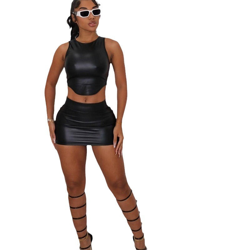 Autumn Women's Fashion Pu Sleeveless Vest Bodycon Short Skirt Two Piece Set 8