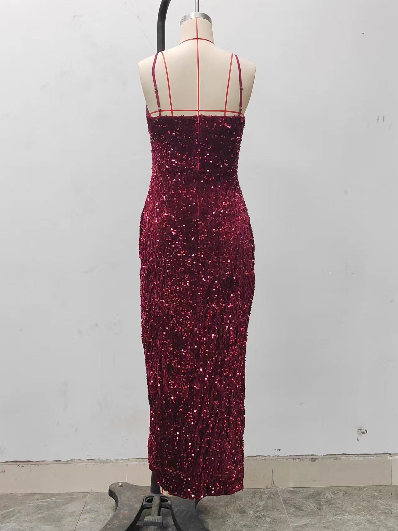 Summer Women's High Waist Sexy Fashion Straps Sequin Slit Dress 16