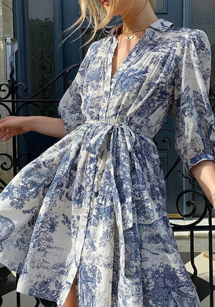 Spring And Autumn Print Puff Sleeve Turndown Collar Elegant Shirt Dress