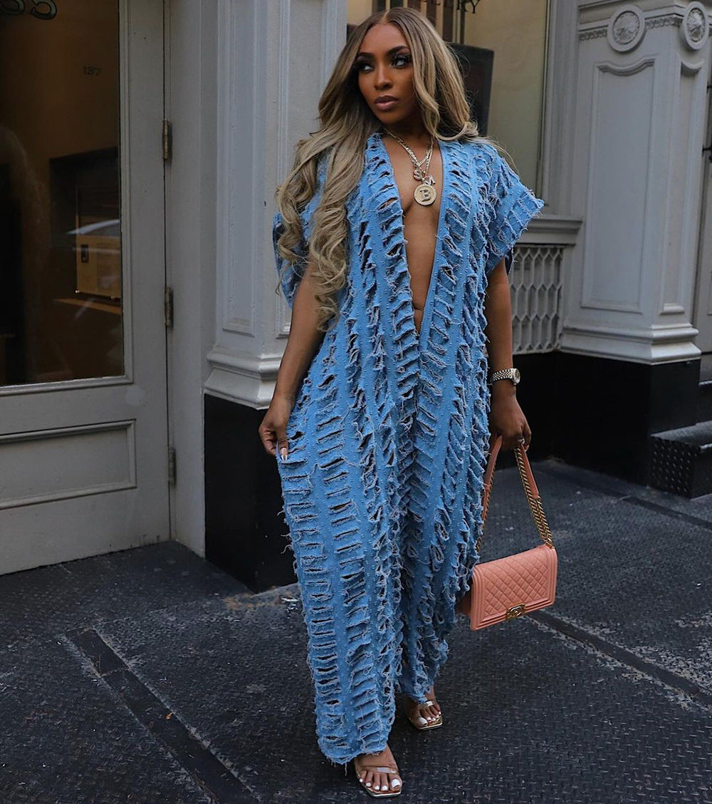 Women V Neck Ripped Loose Denim Jumpsuit Women Wide Leg 3