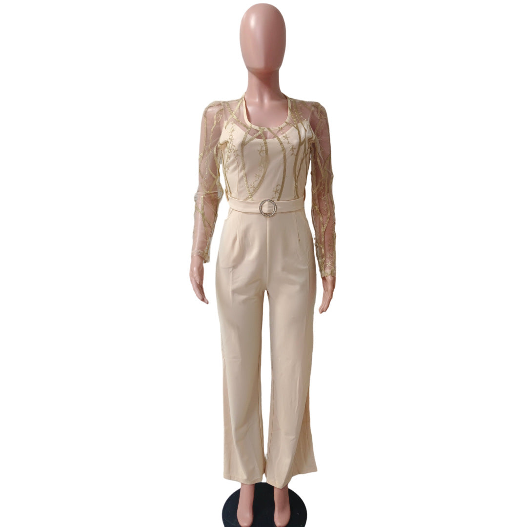 Women's Mesh See-Through Embroidery Patchwork Sexy Jumpsuit (Includes Belt) 12